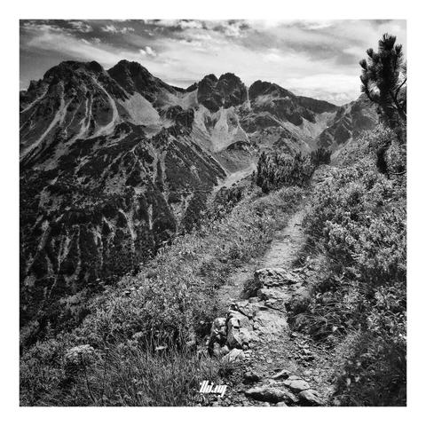 B&W photo of a narrow high alpine path leading towards a mountain pass in the far distance. Steep slopes with some patches of dwarf mountain pine running down into valley below. Cloudy sky.