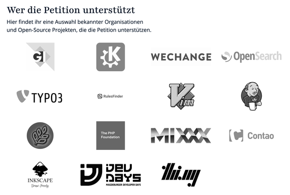 Cropped screenshot of the https://www.ehrenamt-opensource.de/ website showing logos of various open source projects supporting the initiative