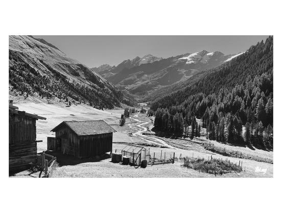 Wide-format B&W photo of an alpine valley leading in the distance toward mountains with glaciated peaks (part of the central ridge of the Alps). A creek (glacial outflow) meandering through its rocky bed, surrounded by pastures and steep slopes on the left, dense forest on the right. Two old wooden farm sheds and a small greenhouse in the foreground. 