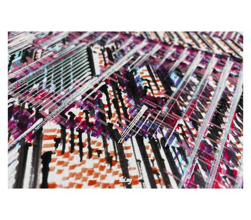 Close-up detail photo of a multi-layered pen plotter artwork of a cellular automata. 10 layers of acrylic paint, red, oranges, purples, blues, black and white.