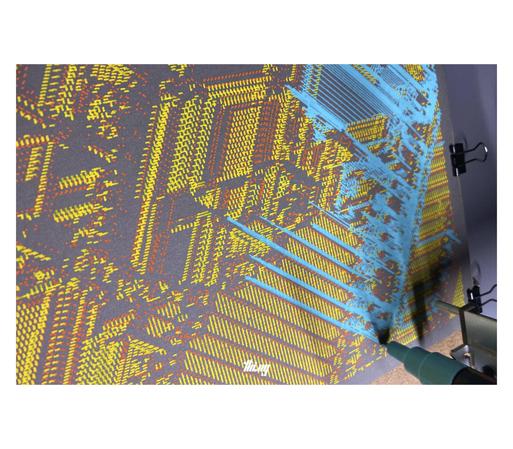Close-up detail of a multi-layered pen plotter artwork of a cellular automata (same system as in previous image), here using finer acrylic paint pigment pens. Blue, yellow, orange and gray card.
