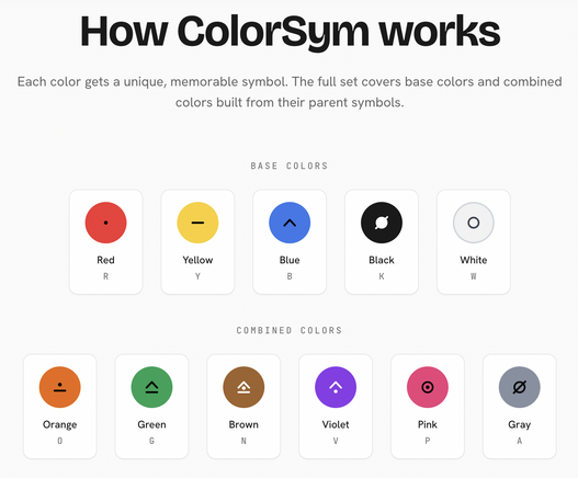 Cropped screenshot from the colorsym.com website, showing color swatches and their related symbols
