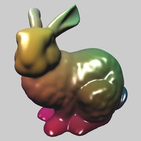 Screenshot of the linked example project, showing a multi-colored Phong-shaded Stanford bunny.
