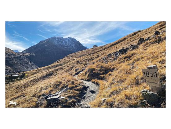 A small footpath leading up a grassy slope in a high alpine landscape. A small sign marks the extent of a glacier back in 1850. A small shepherd's hut further on the left, snow capped mountains in the background