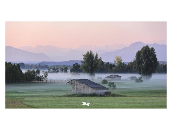 A peaceful pre-alpine landscape of fields and forests with silhouettes of layers of mountains in the backgound against a peachy pink clear sky. Fog banks drifting over the fields at mid distance. Wooden sheds.