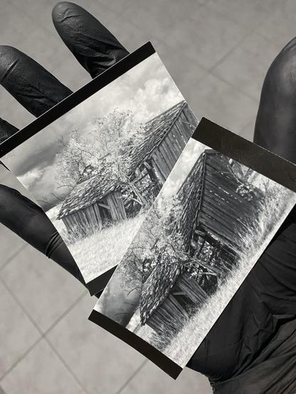 Phone photo of my gloved hand holding two small & cropped B&W test prints of a picture of an old desolate wooden shed in front of a dramatic sky