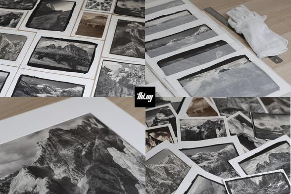 A 2x2 comp of some workspace photos of many different kallitype prints in various sizes (from 6x4, 7x5, 8x10, 14x11 inch), some of them partially in glassine envelopes.