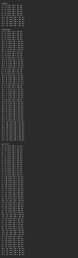 Resulting text output of print sizes grouped by aspect ratio. Full source: https://gist.github.com/postspectacular/a122ab9c1cd52934b8093461231c6044
Excerpt:
square:
4 × 4 inch (10 × 10 cm)
5 × 5 inch (13 × 13 cm)
6 × 6 inch (15 × 15 cm)
...
landscape:
5 × 4 inch (13 × 10 cm)
6 × 4 inch (15 × 10 cm)
7 × 4 inch (18 × 10 cm)
...
portrait:
4 × 5 inch (10 × 13 cm)
4 × 6 inch (10 × 15 cm)
5 × 6 inch (13 × 15 cm)
...