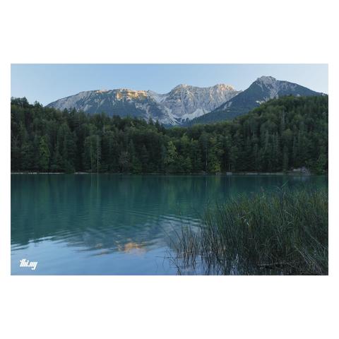 A mountain lake with deep teal colored water during the last light of the day. A patch of reeds in the bottom-right corner. The other side of the lake is a densely forested ridge, tall mountains behind it, their tops catching a little bit of the alpenglow warm sunset light. Clear blue sky.