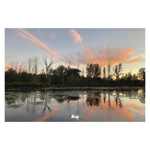 A lake and silhouettes of surrounding trees against the sunset sky with beautiful stretched out orange/pink clouds, also reflected on the completely still lake surface. 