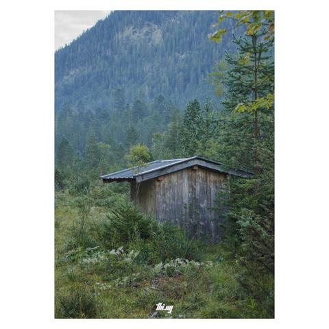 A small wooden shelter at the edge of a clearing with young forest, transitioning to dense mature forest on the mountain slopes in the background . Cold light, faint mist, early autumn colors. Everything covered in dew.