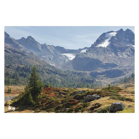 An large open cirque in an alpine valley with still partially glaciated peaks and ridges in the background and open grassy plain in the foreground. Rock & rubble deposits surrounding the creek bed, overgrown with small bushes in their rich autumn colors and some larch trees (still green). In the distance sparse forest of swiss pines on the lower mountain slopes below the talus fields and terraced rocks. Bright hazy dazy with mostly clear azure sky. 