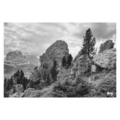 B&W photo of a mountain scene in the Dolomites, a constellation of large boulders at the end of a talus field, some of them with small trees and bushes growing on and around them. In the background, on the other side of the valley, the large Langkofel group under a sky heavy with incoming snow clouds.