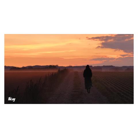 Wide-format photo of a path leading through some fields with the silhouette of a person walking into the distance just after sunset. A thin layer of fog is forming near the horizon and drifting over the ground towards the viewer. The sky is an intense orange/red with some purple clouds on the right.